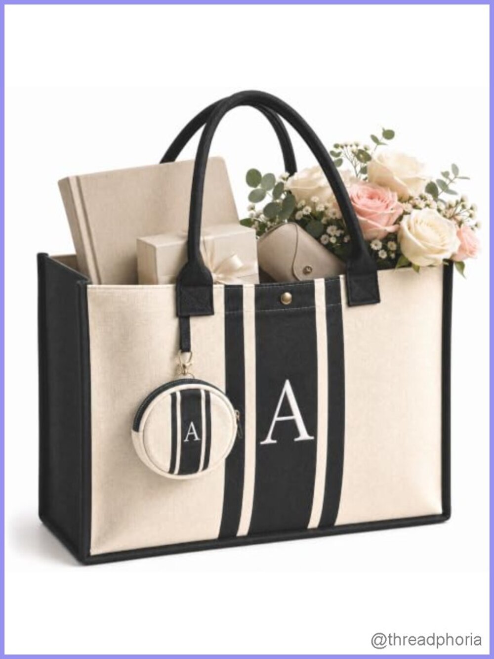 Monogrammed Initial Canvas Tote Bag Cotton Makeup Pouch Gift Set